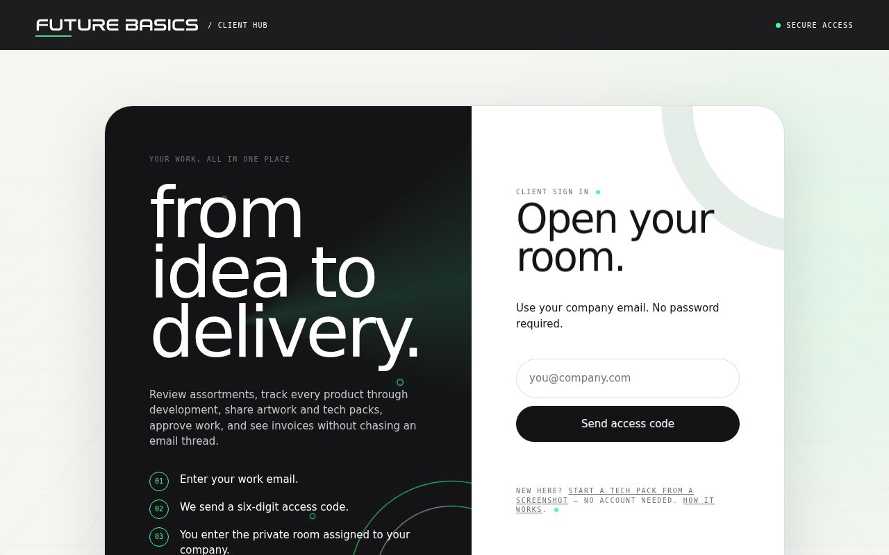 The client hub sign-in: enter your work email, receive a six-digit code