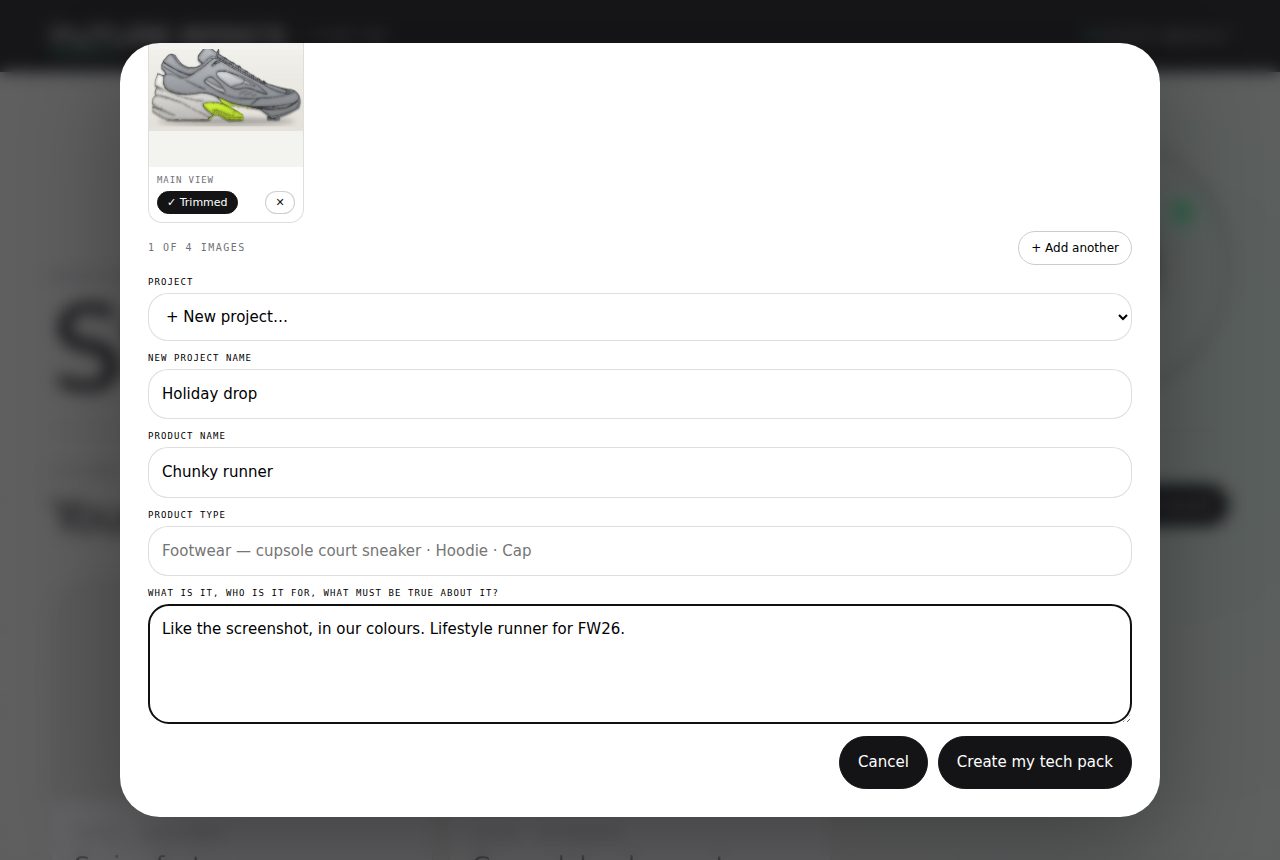 The Start a tech pack dialog with a trimmed screenshot, a new project name and a product name