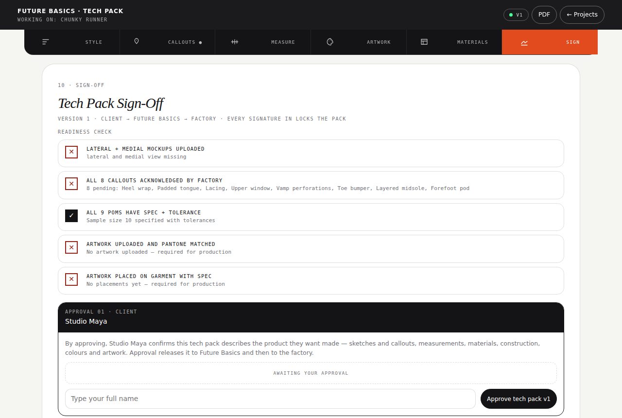 The Sign tab with the client approval form for version 1
